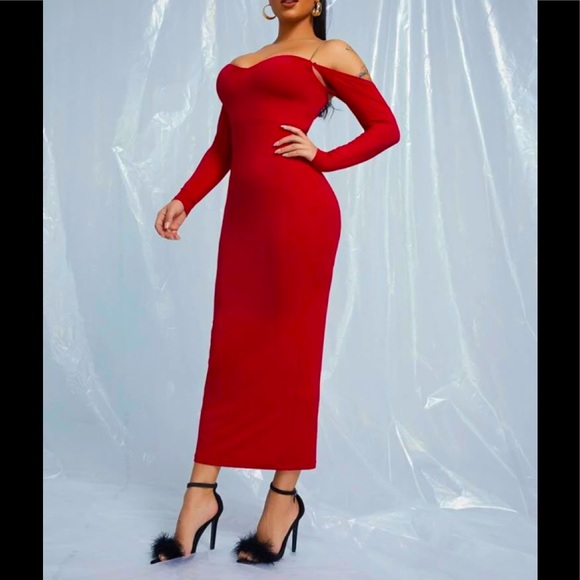 Red Drop Shoulder Chain Bodycon Dress - Picture 4 of 5